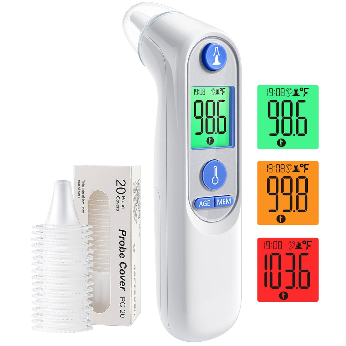 Viproud thermometer front view showing compact design and simple buttons for quick use