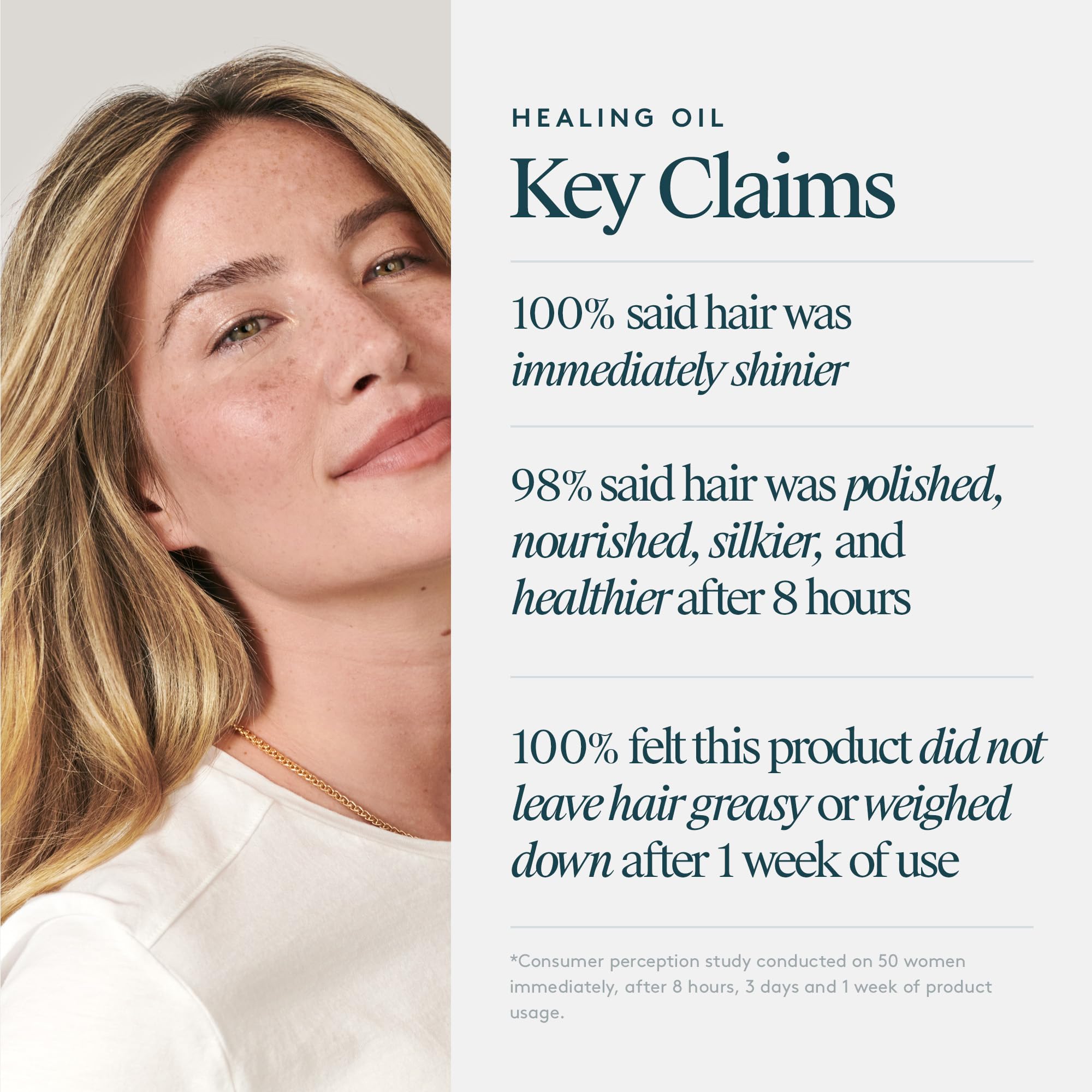 VIRTUE applying oil to mid-lengths demonstrating smoother, shinier hair benefit