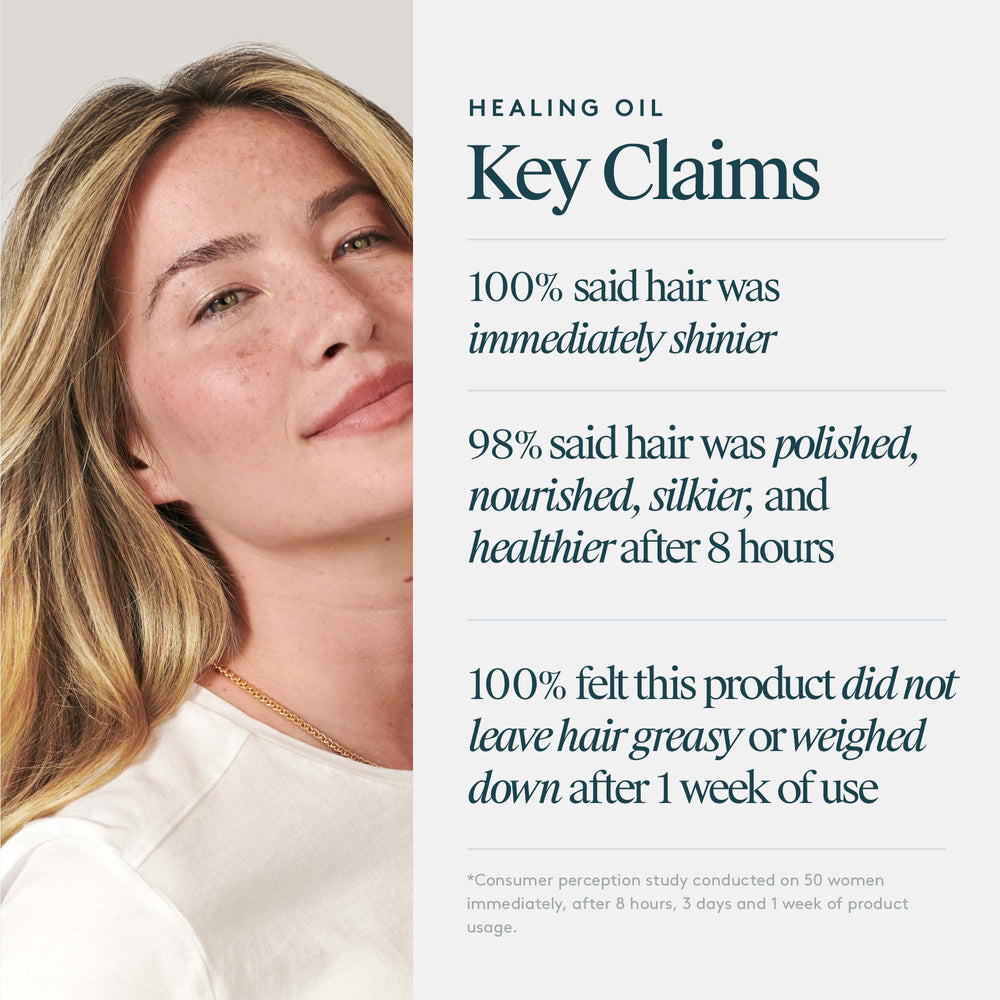 VIRTUE applying oil to mid-lengths demonstrating smoother, shinier hair benefit