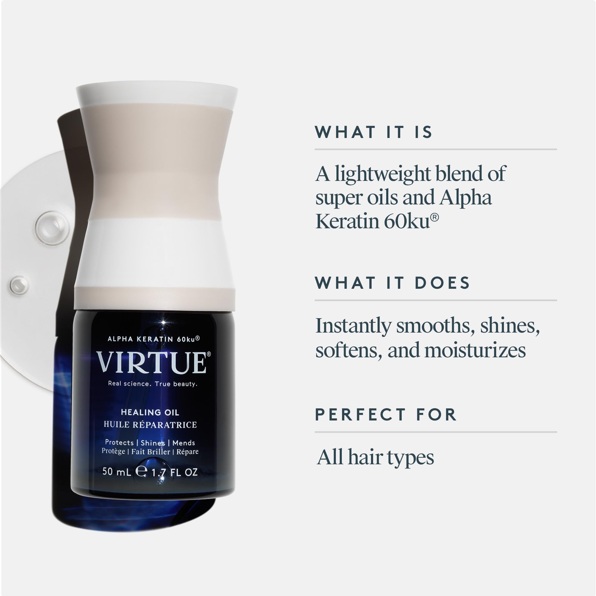 VIRTUE clear serum texture on hand showing fast-absorbing, non-greasy benefit