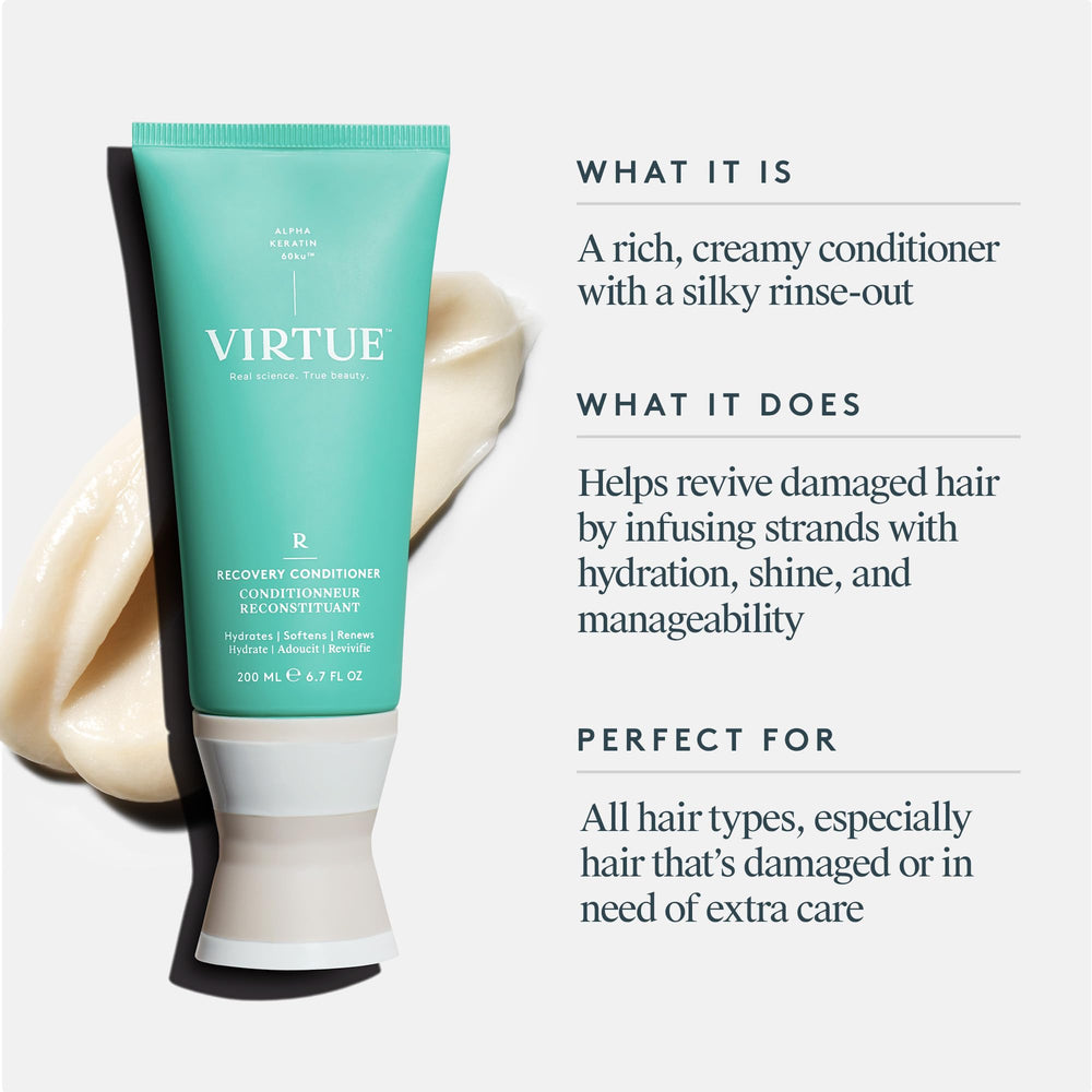 Back label of VIRTUE conditioner visible to highlight ingredient transparency benefit