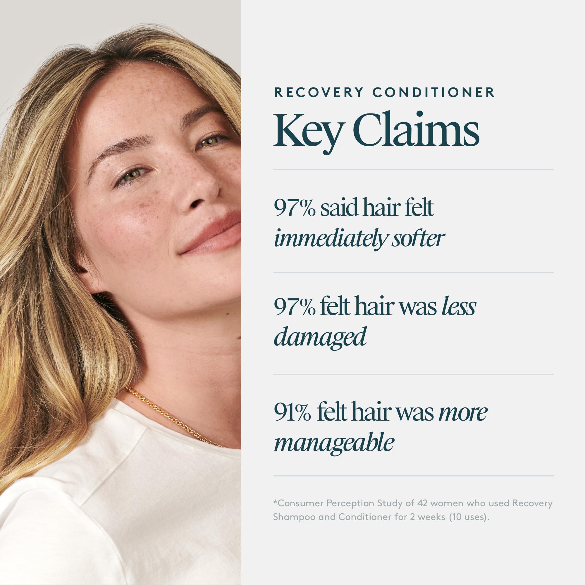 Before-and-after hair strands with VIRTUE conditioner showing smoother, shinier results