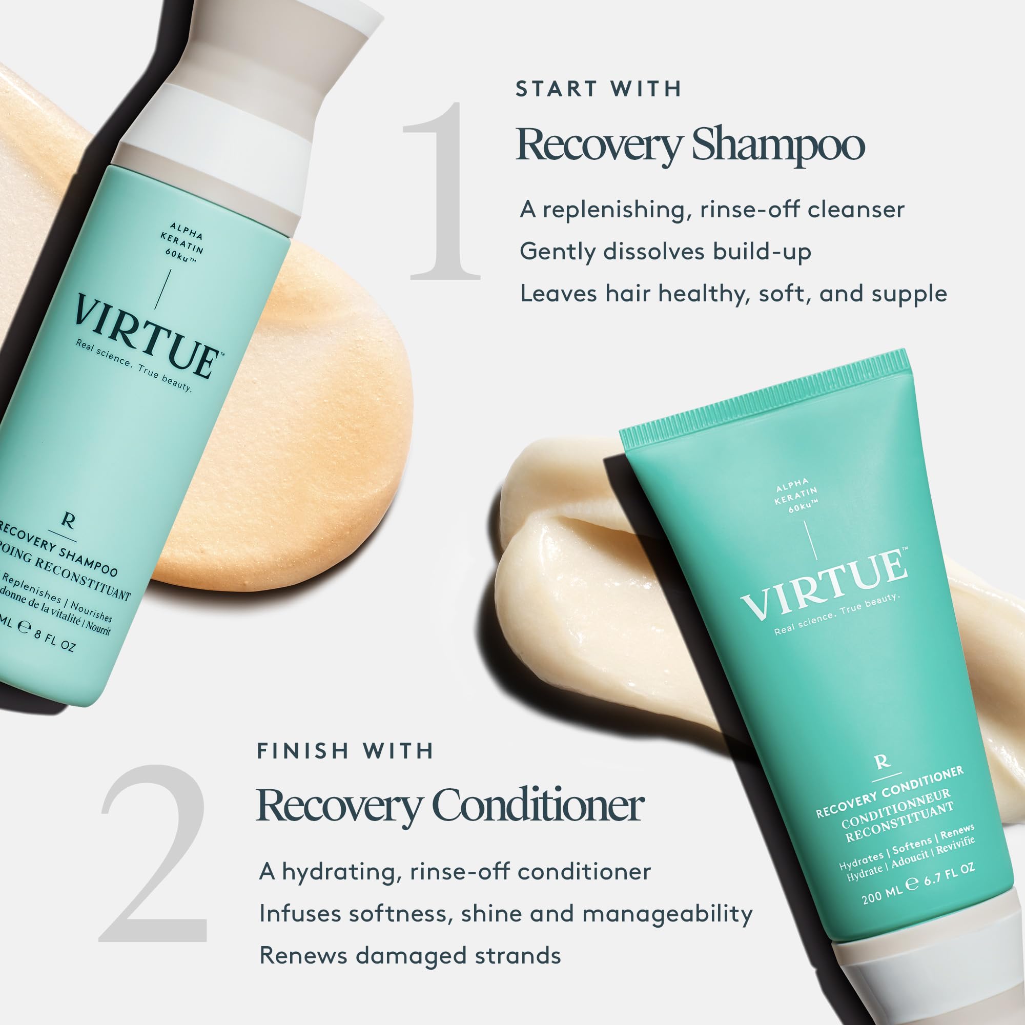 VIRTUE conditioner on shower shelf illustrating in-shower use and convenience