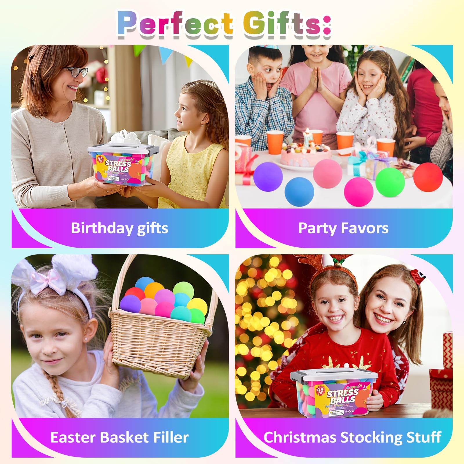 VISCOO stress balls in classroom prize bin and party scene showing group use benefit: ready for events