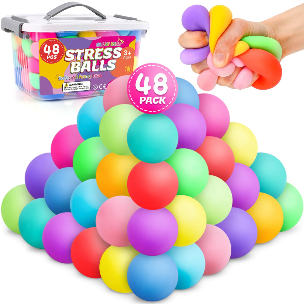 VISCOO front gift box showing 48 colorful slow rise stress balls and tidy packaging benefit: easy gifting