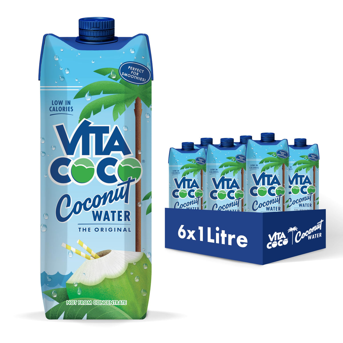 Vita Coco front packaging showing six 33.8 oz bottles for easy stocking