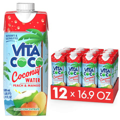 Vita Coco front packaging showing peach mango label and benefits