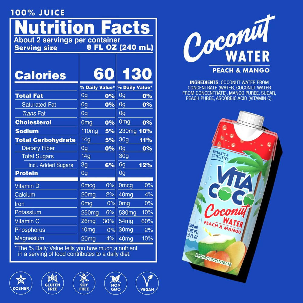 Close-up of peach mango purée texture in Vita Coco showing real fruit