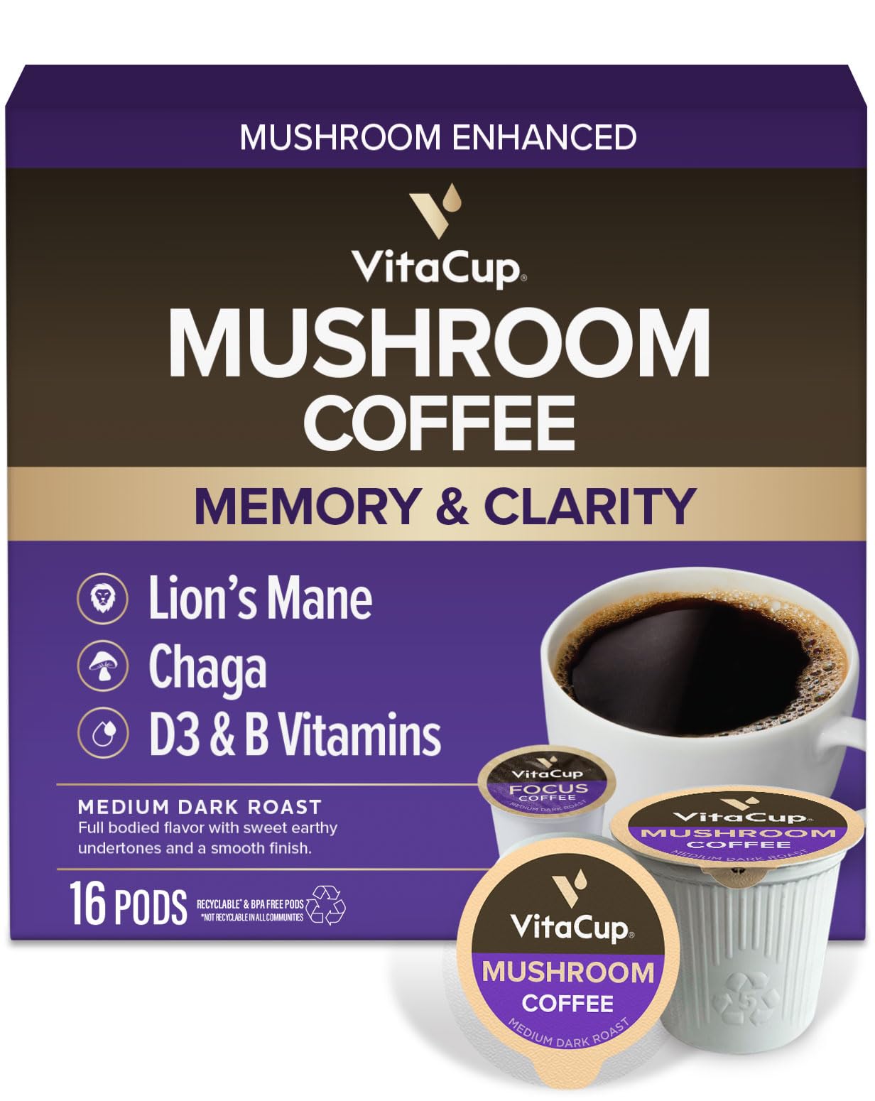 VitaCup front packaging showing 16ct pods and product benefits