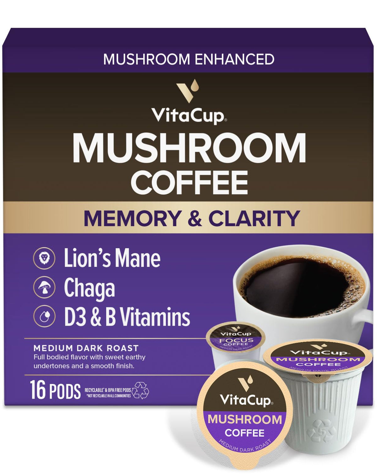 VitaCup front packaging showing 16ct pods and product benefits