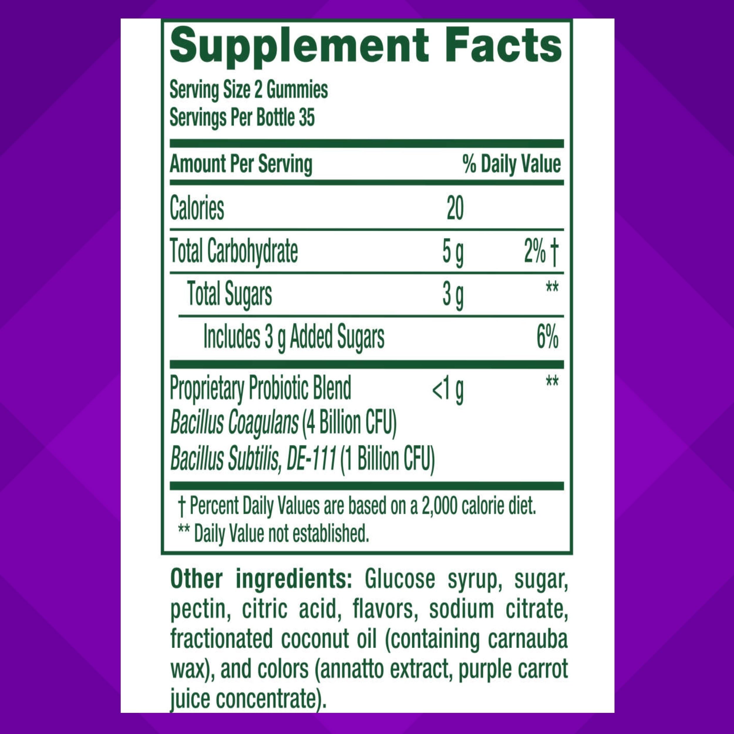 vitafusion ingredient label detail highlighting strains and clean formula benefit