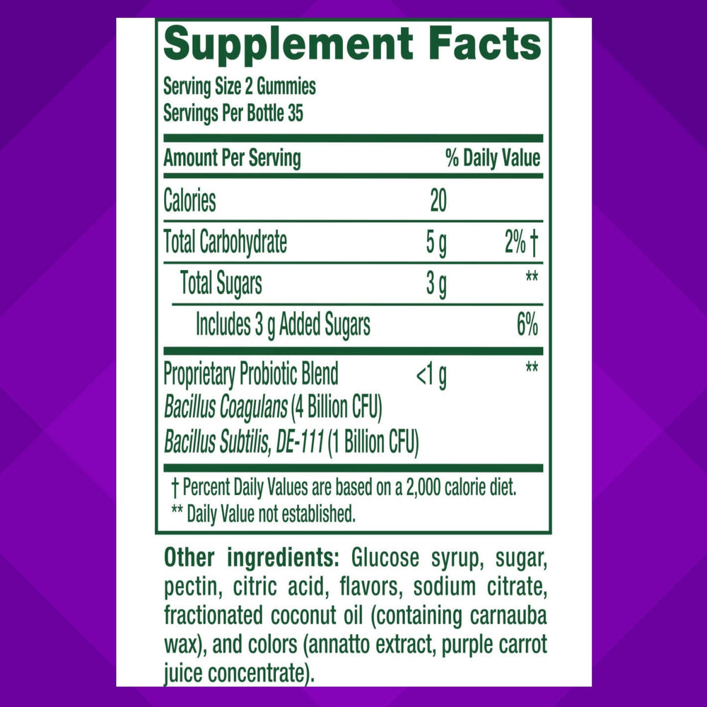 vitafusion ingredient label detail highlighting strains and clean formula benefit