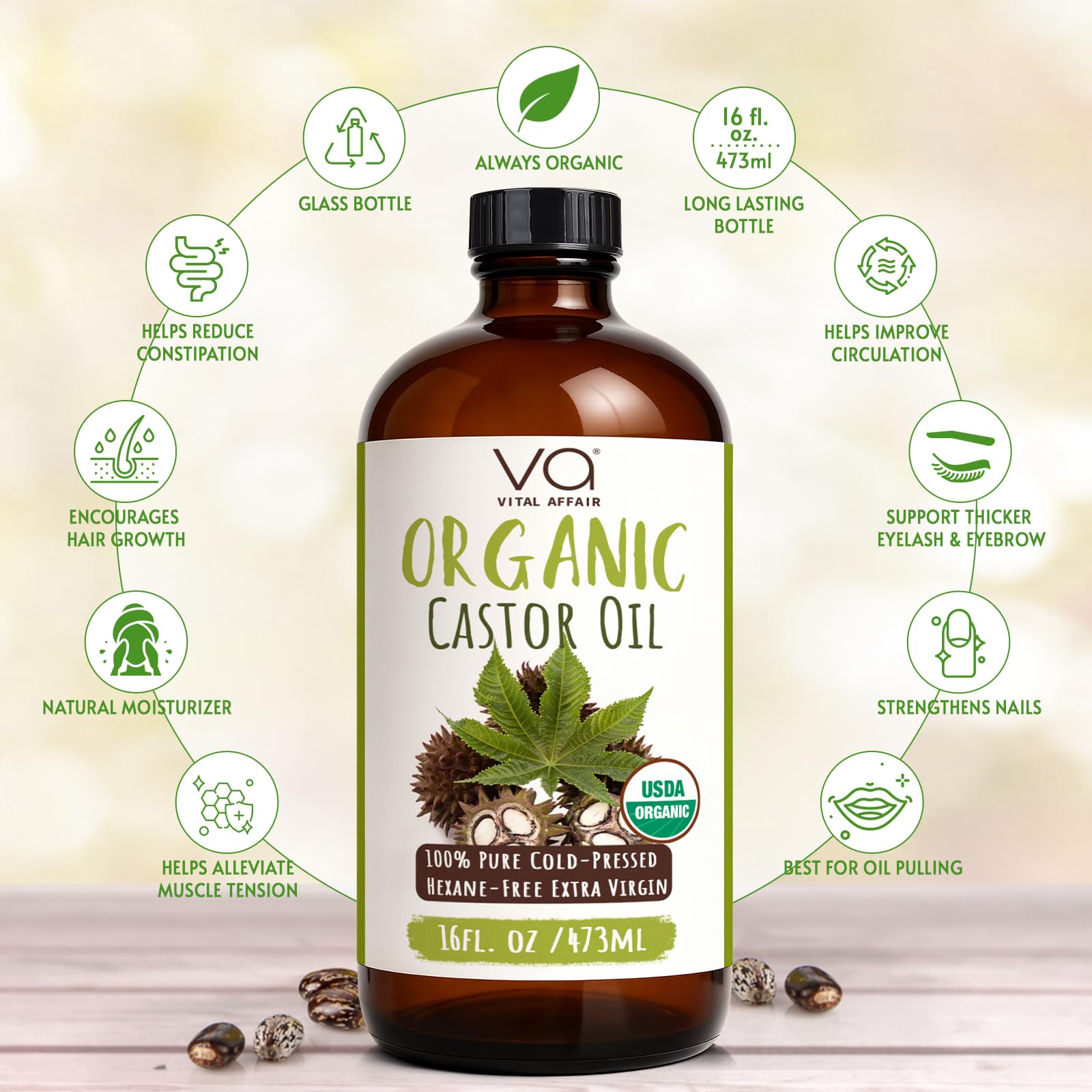 VITAL AFFAIR close-up of amber glass bottle highlighting cold-pressed organic quality