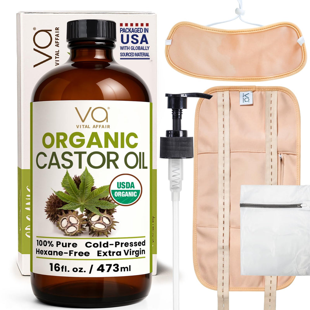 VITAL AFFAIR front view of 16oz amber glass bottle showing label and cap, protects oil