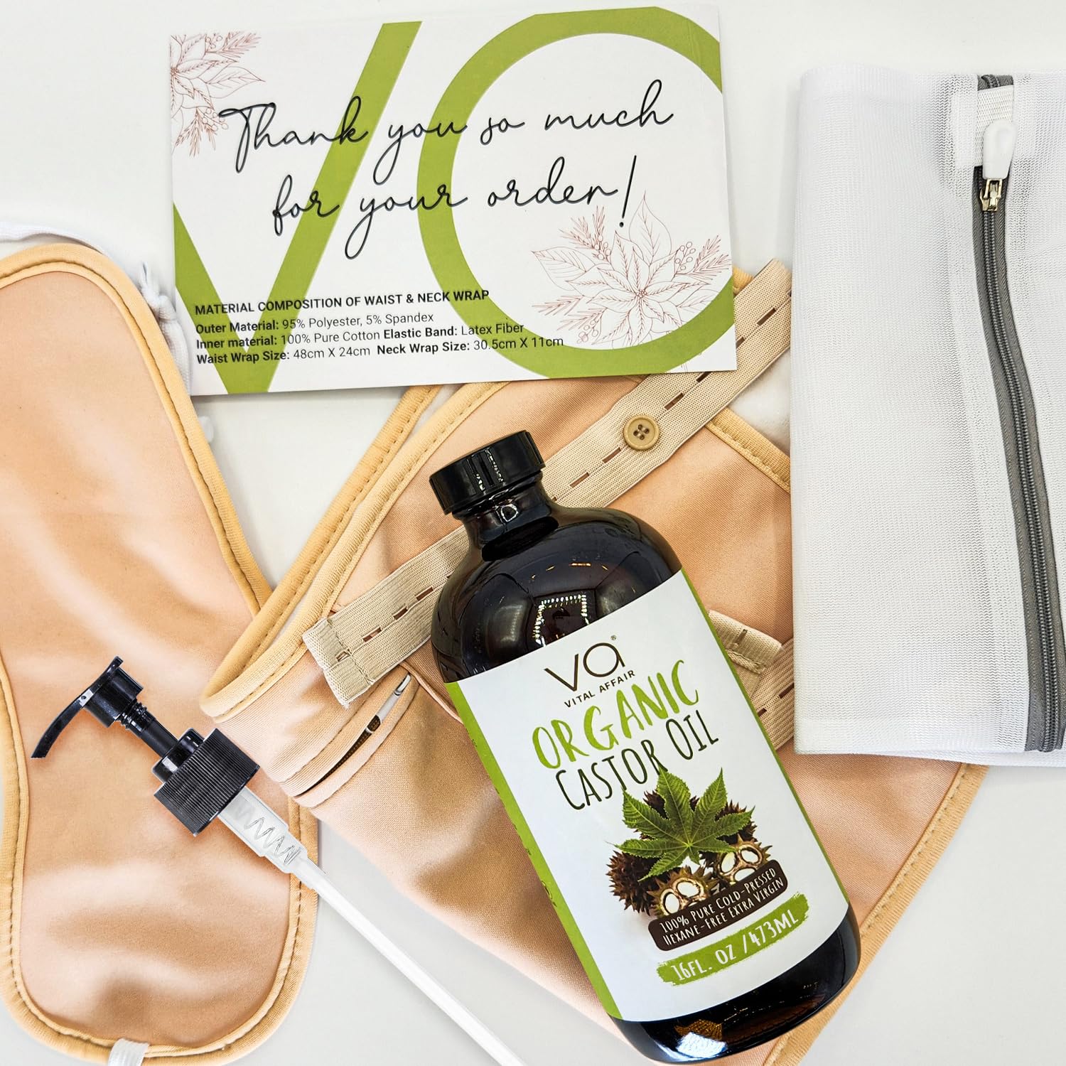 VITAL AFFAIR bottle next to foldable wrap to show 16oz size and kit scale