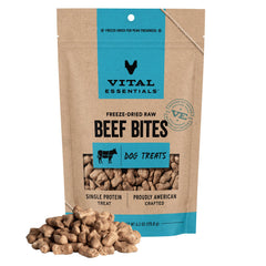 Vital Essentials front packaging showing 6.2 oz beef bites with convenience