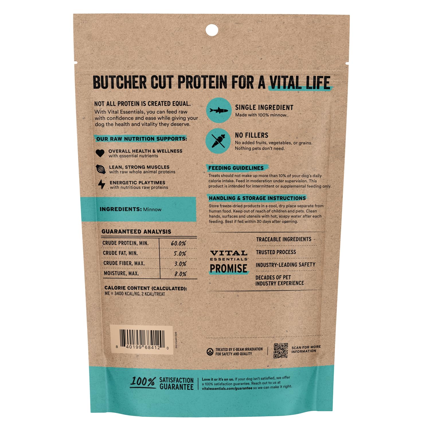 Vital Essentials open bag spilling crunchy freeze-dried minnows for convenience
