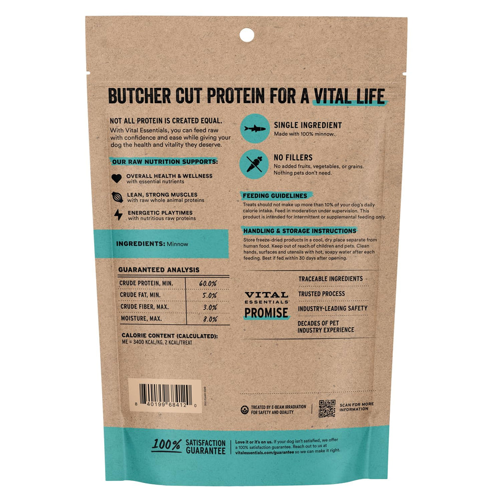 Vital Essentials open bag spilling crunchy freeze-dried minnows for convenience