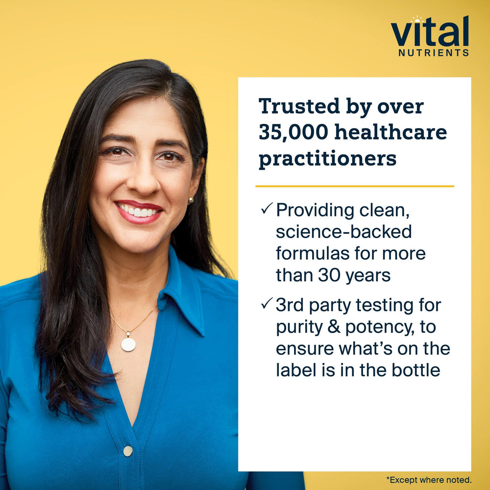 Vital Nutrients supplement label close-up showing ingredient list and third-party testing benefit