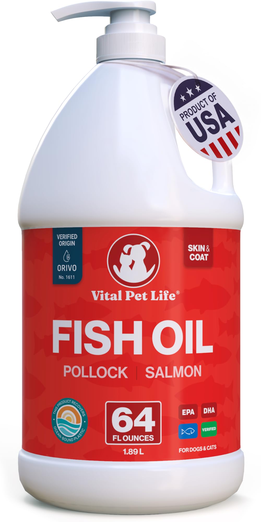 Vital Pet Life front label on 64 oz bottle showing product identity and benefits