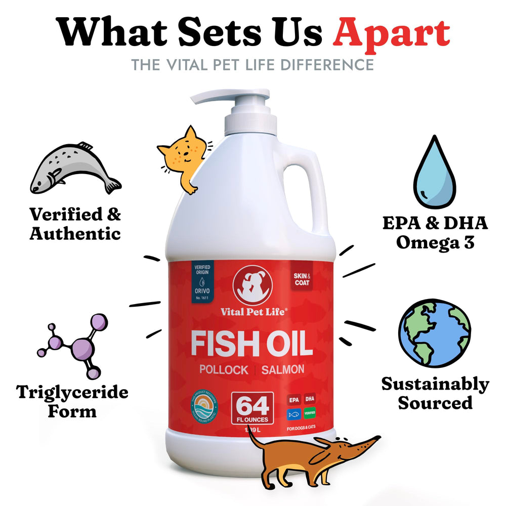 Vital Pet Life 64 oz bottle next to a measuring cup showing volume and value