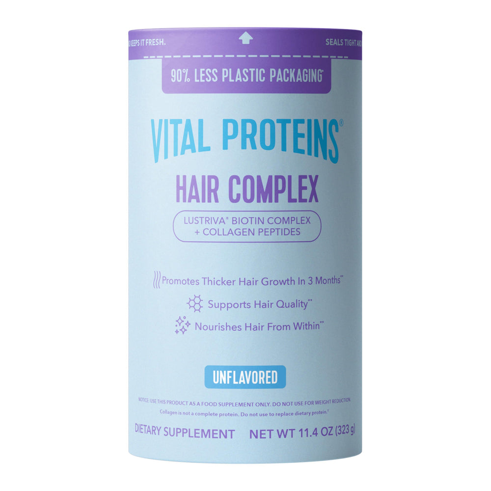 Vital Proteins tub front view showing collagen plus biotin benefits