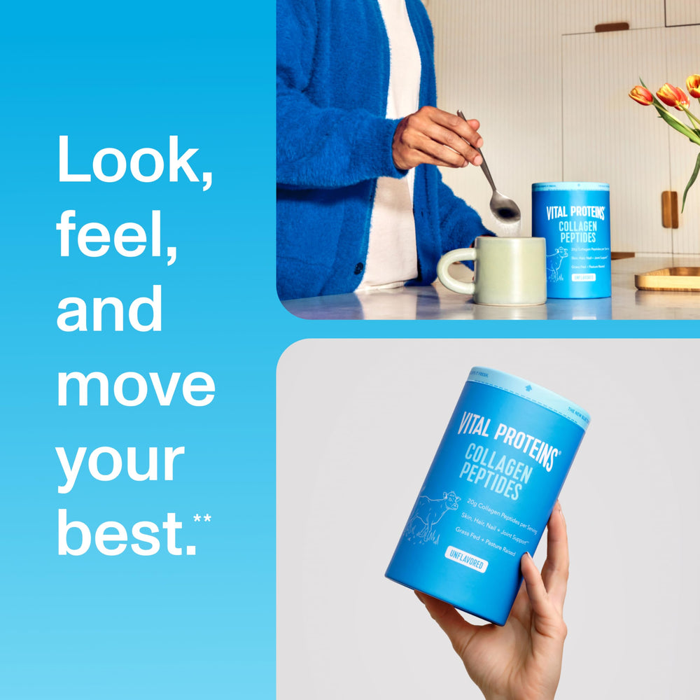Vital Proteins tub on kitchen counter, integrates into daily routine
