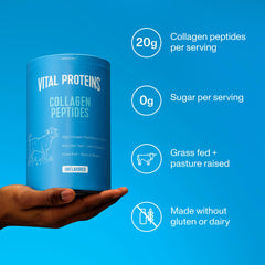 Vital Proteins open tub top view revealing fine unflavored collagen powder for convenience