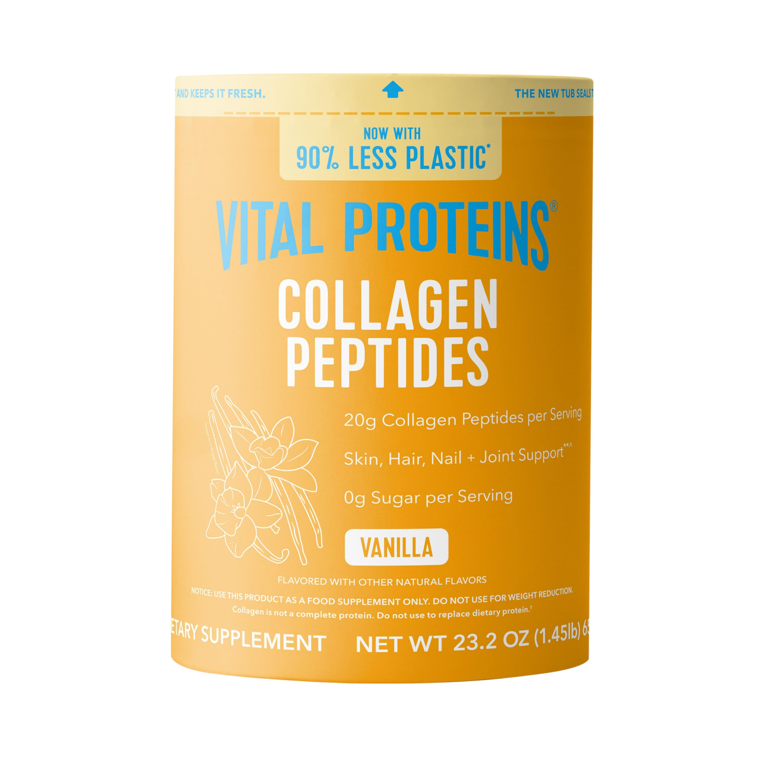 Vital Proteins front packaging showing vanilla collagen powder and benefits