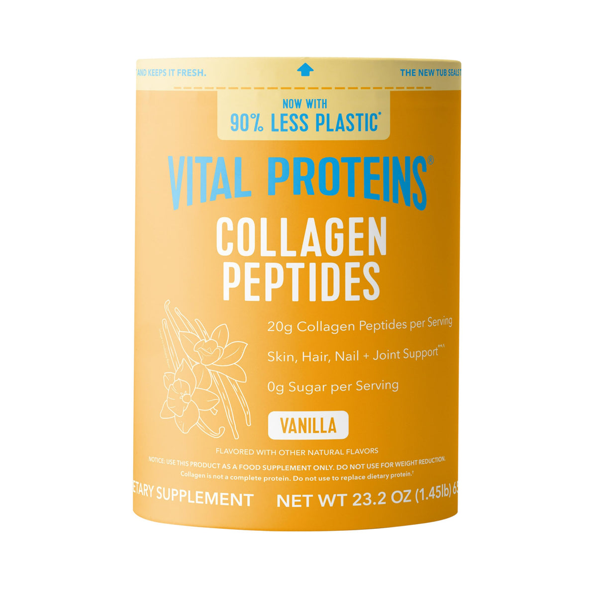 Vital Proteins front packaging showing vanilla collagen powder and benefits