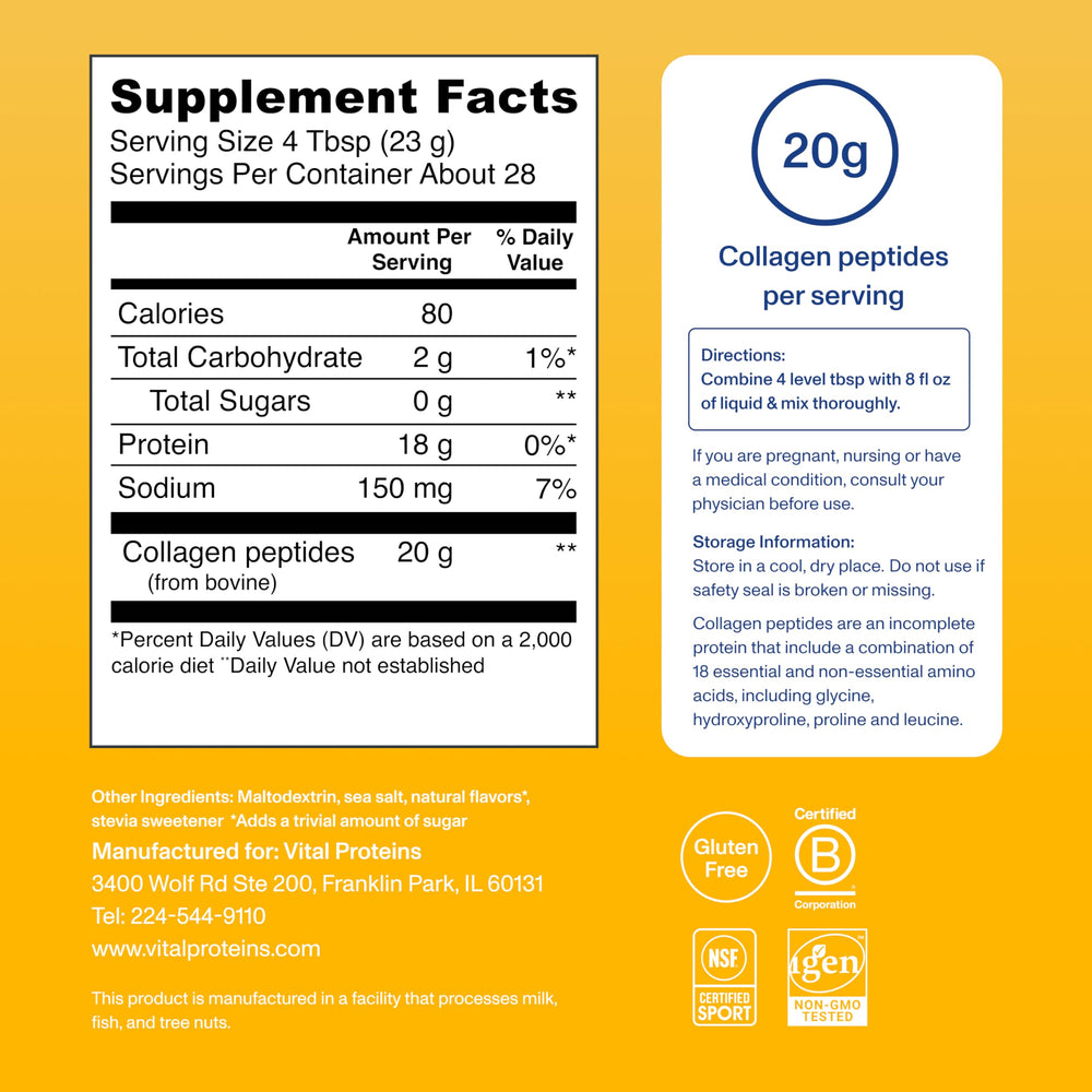 metal scoop with Vital Proteins powder measured for one 20g serving convenience
