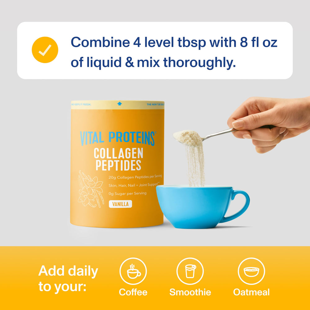 vanilla collagen mixed into a fruit smoothie bottle by Vital Proteins for added protein