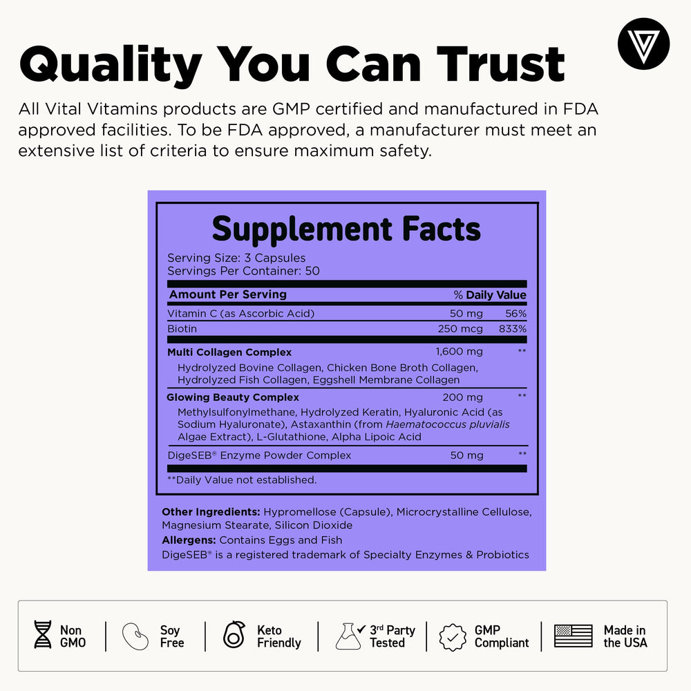 Ingredients visual with vitamin C, biotin and hyaluronic acid representing Vital Vitamins formulation benefits