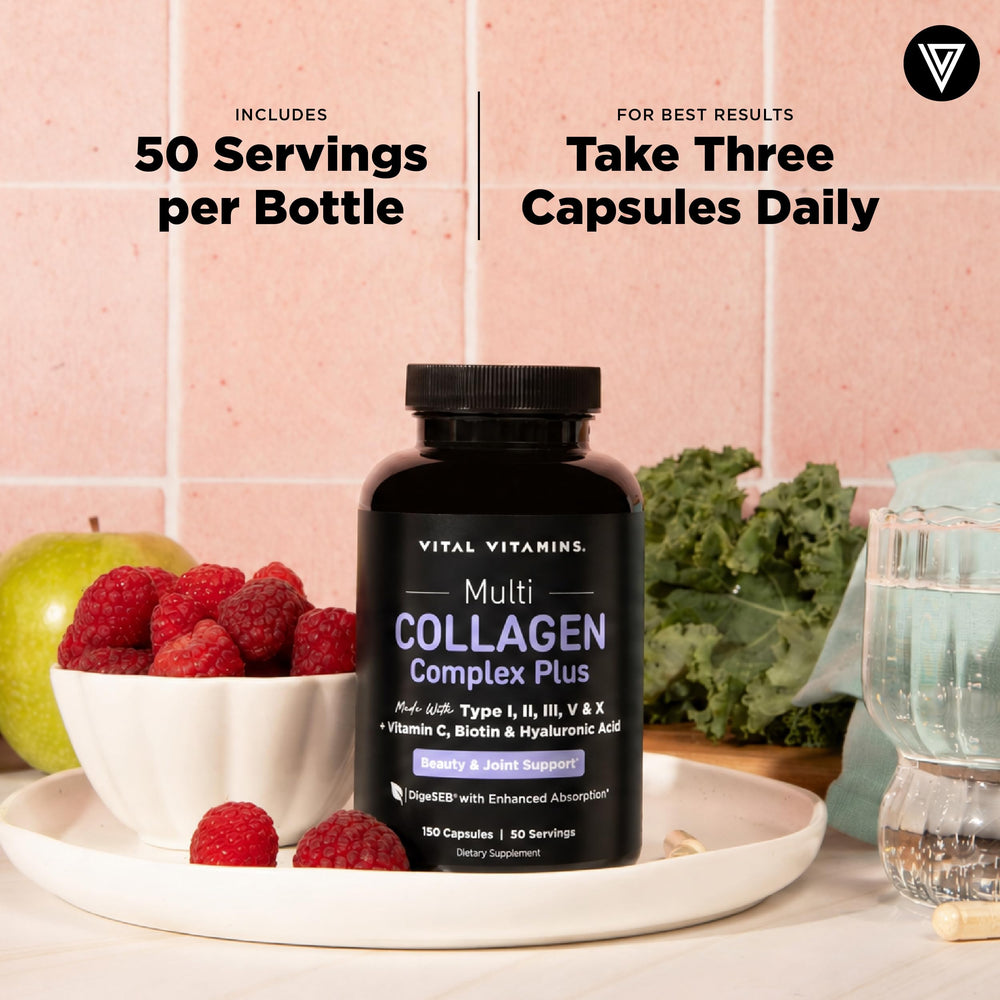 Vital Vitamins bottle on bathroom counter as part of a morning skincare routine