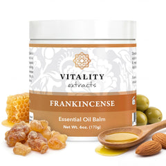 Vitality frankincense balm jar front label showing product identity and volume