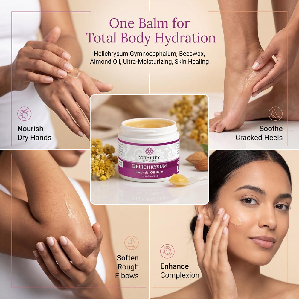 Vitality balm being applied to hands demonstrating moisturization and skin comfort