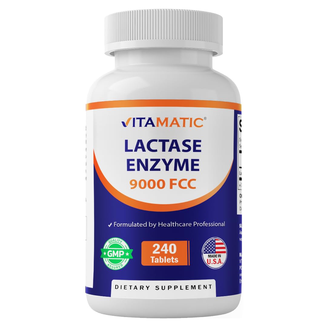 Vitamatic bottle front label showing product name and count, clear benefit of dairy support