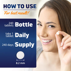 Open Vitamatic bottle with caplets spilling out, illustrating 240-count supply and quick access