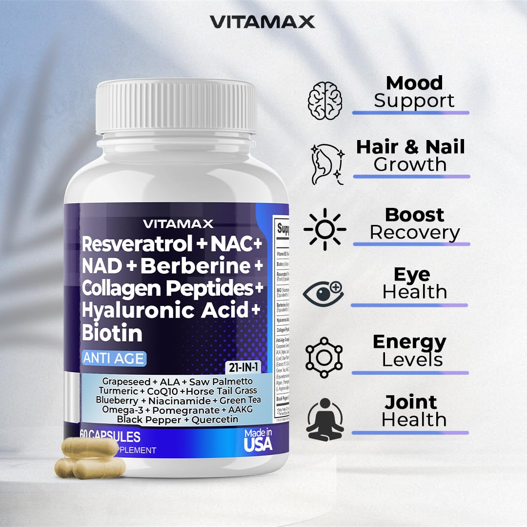 Vitamax ingredient label detail showing blend of resveratrol, berberine and NAD+