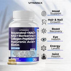 Vitamax ingredient label detail showing blend of resveratrol, berberine and NAD+