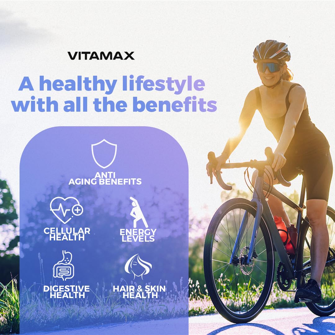 Vitamax ingredients flatlay with grape and blueberry extracts showing antioxidant focus