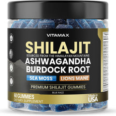 Vitamax bottle front label showing blue razz Pure Shilajit Gummies for clear product identity and trust