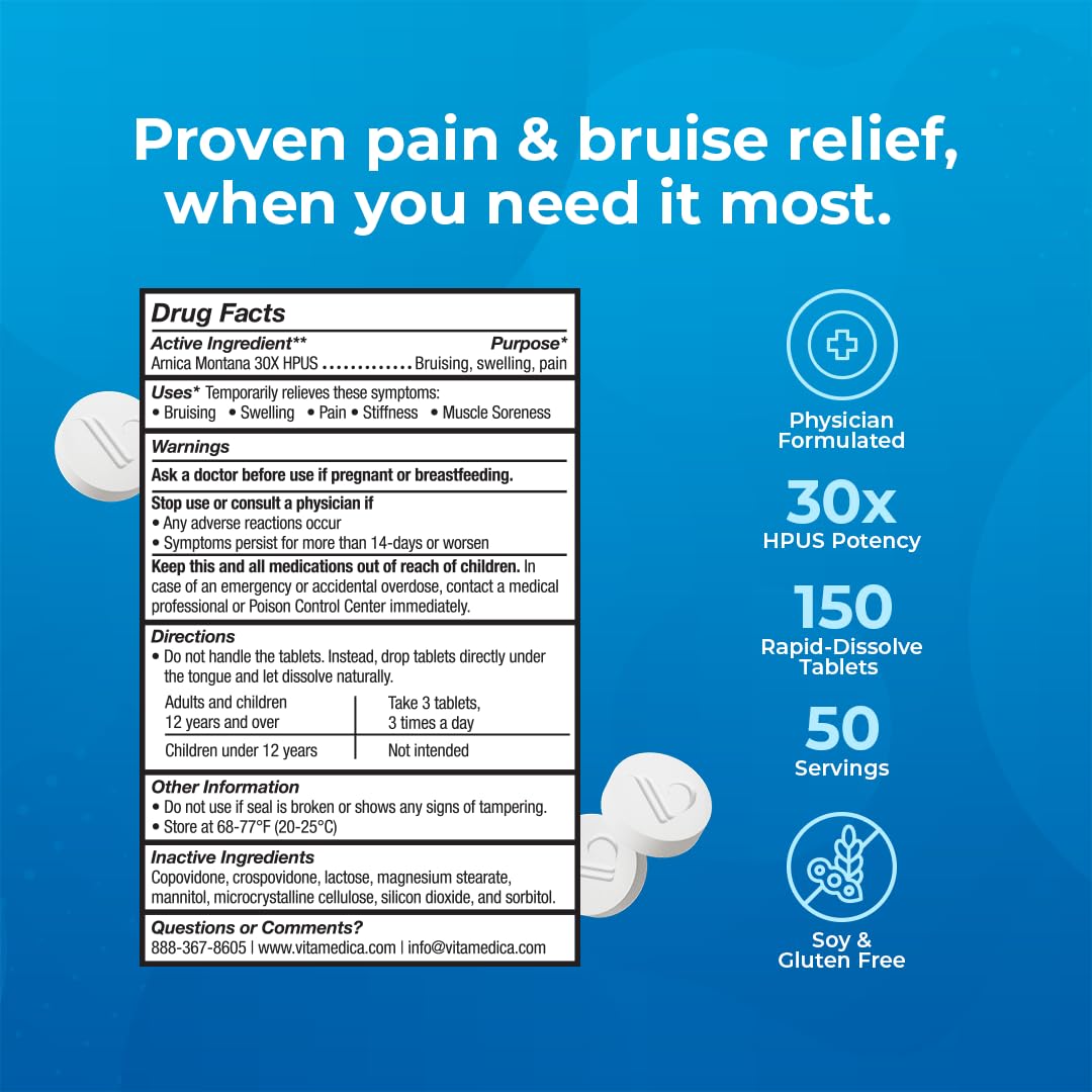 Open bottle of VitaMedica tablets illustrating 150 count supply benefit