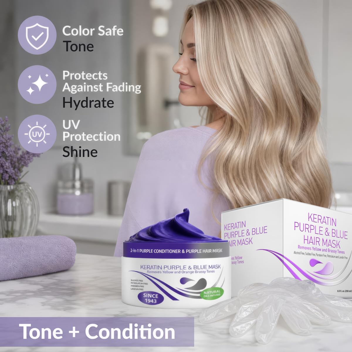 VITAMINS hair cosmetics close-up texture of blue-purple cream showing rich conditioner benefits