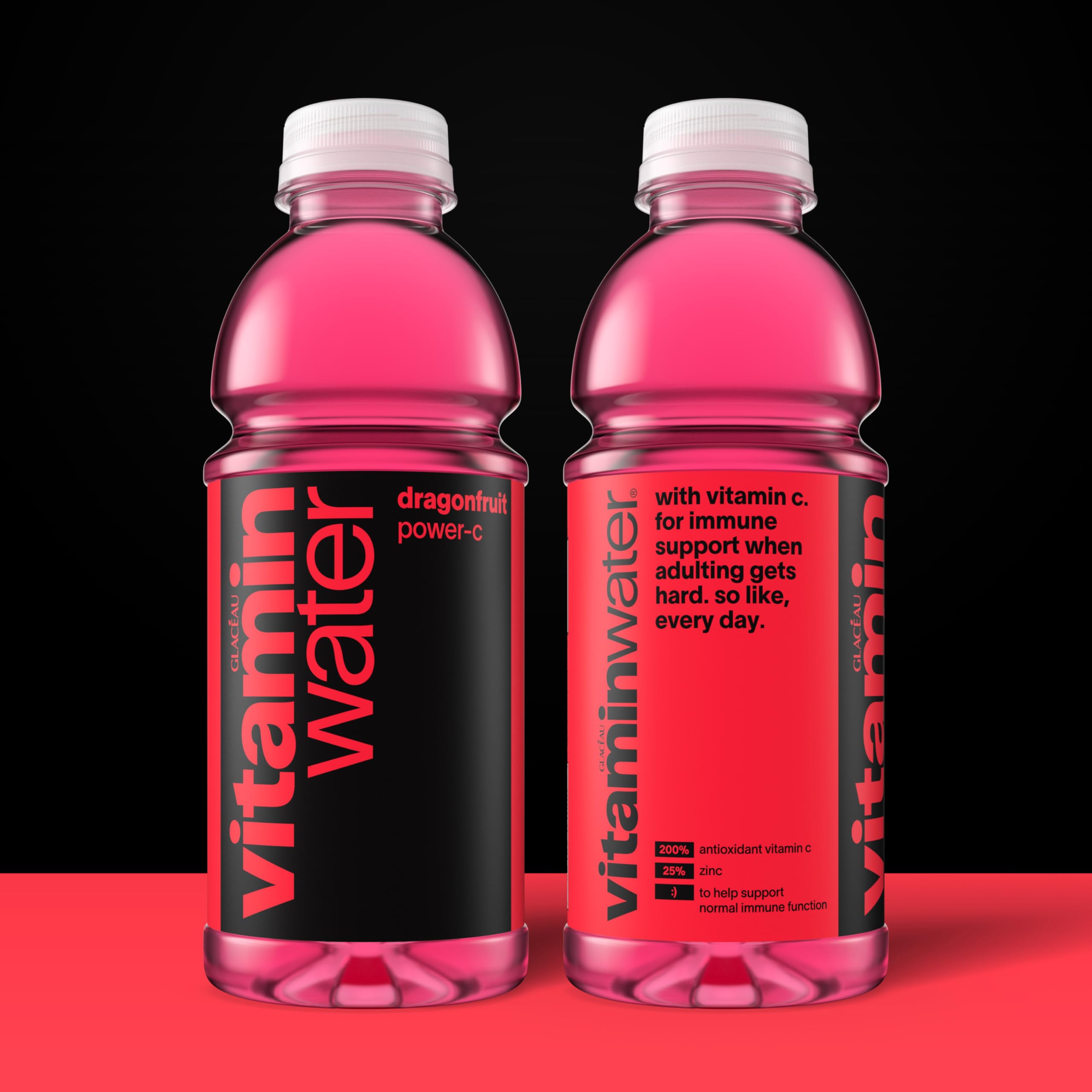 vitaminwater Power-C dragonfruit closeup label highlighting vitamins and flavor benefits