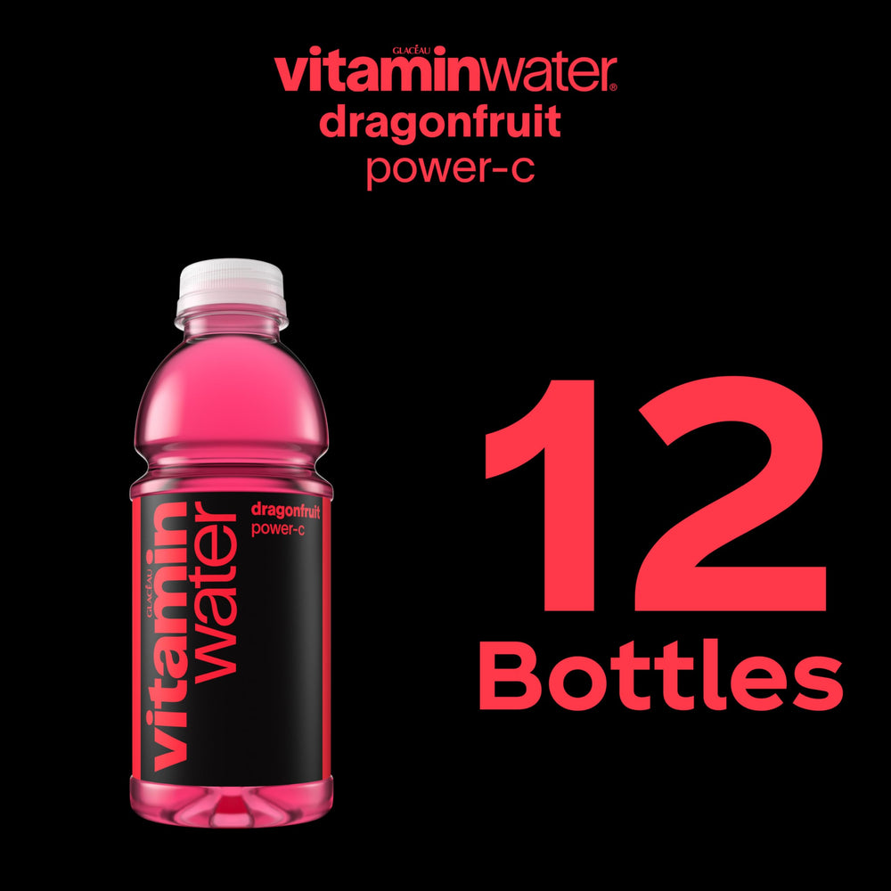 vitaminwater Power-C dragonfruit with dragonfruit halves showing tropical taste appeal