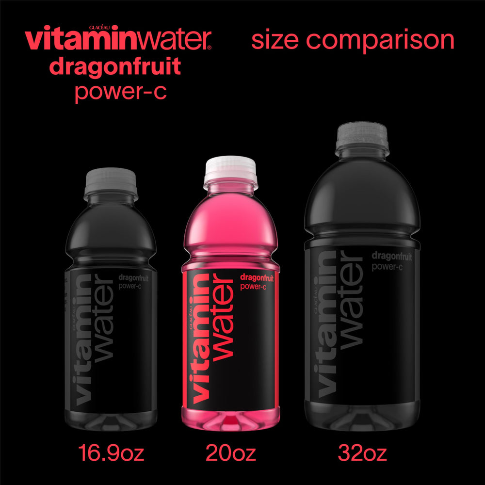 vitaminwater Power-C dragonfruit pouring from open cap demonstrating easy drinkability