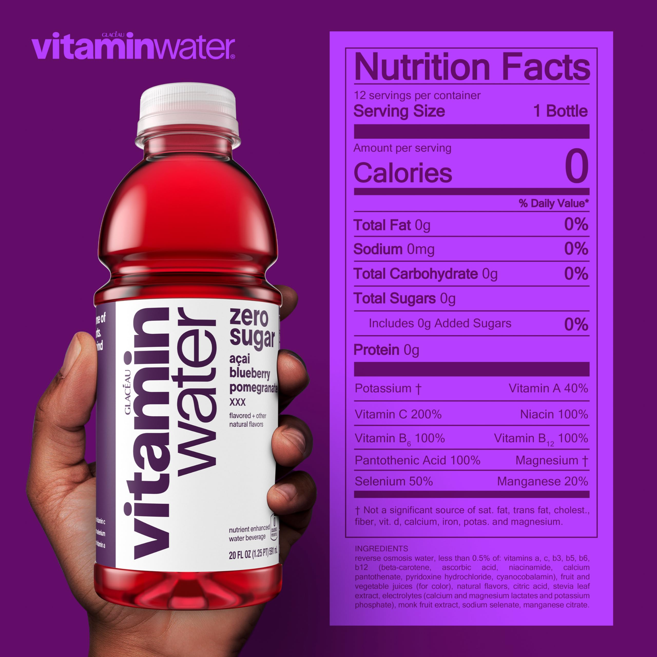vitaminwater bottle close-up label highlighting vitamins and antioxidant benefits