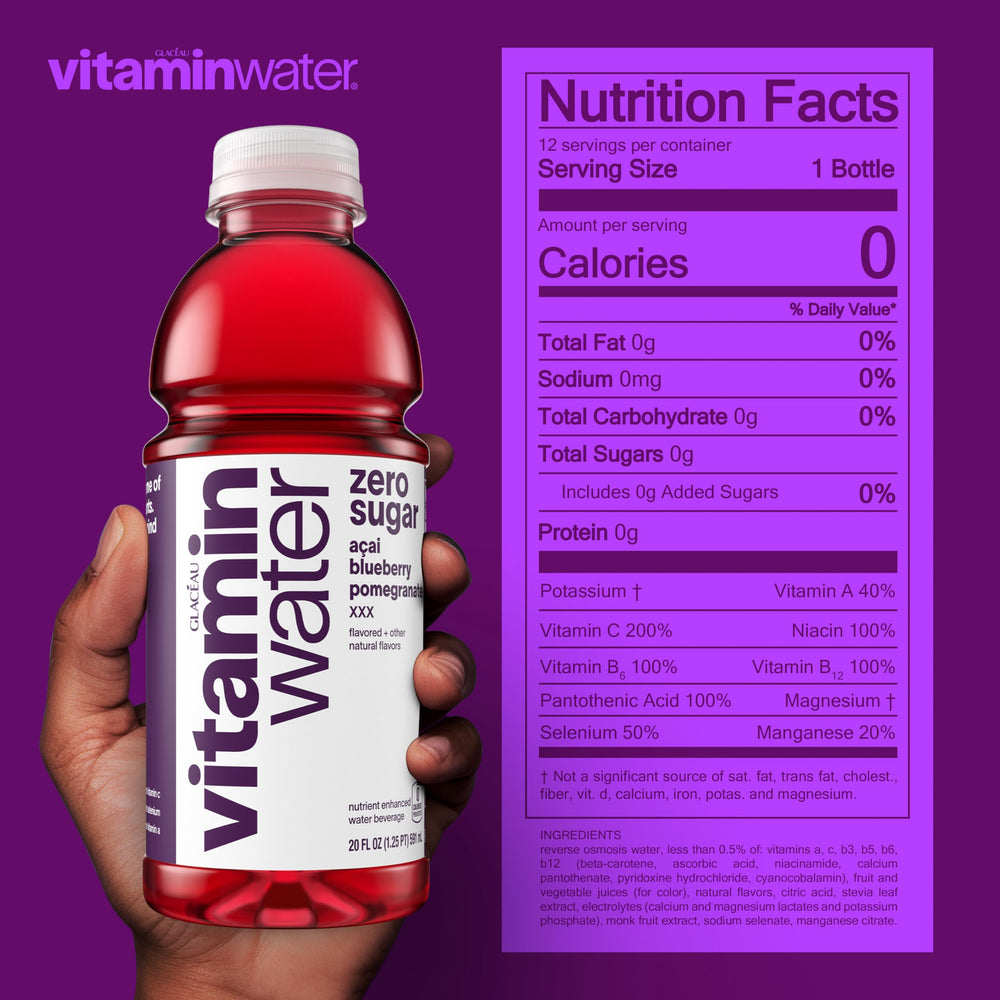 vitaminwater bottle close-up label highlighting vitamins and antioxidant benefits