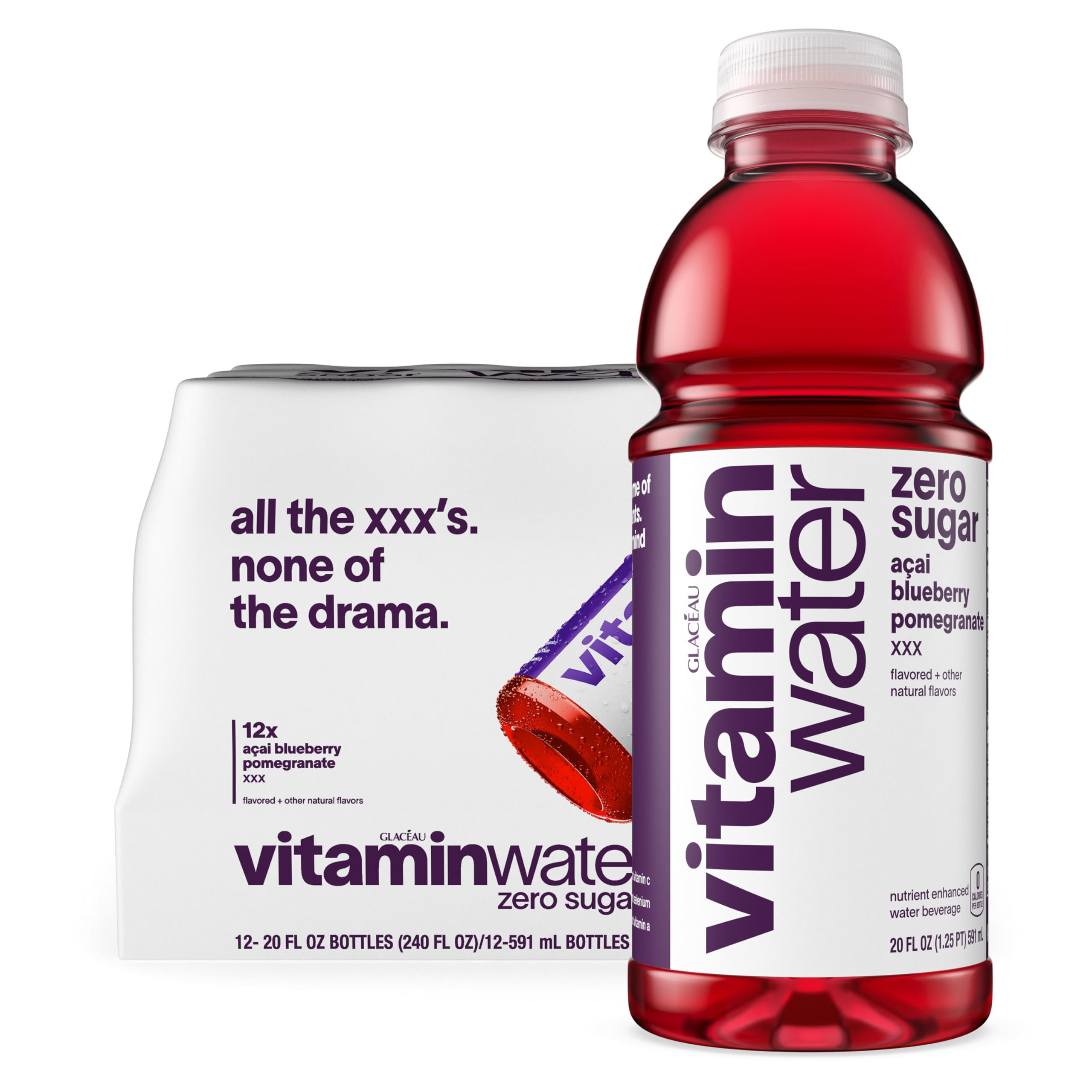 vitaminwater front packaging showing vibrant açai-blueberry-pomegranate flavor and zero sugar benefit